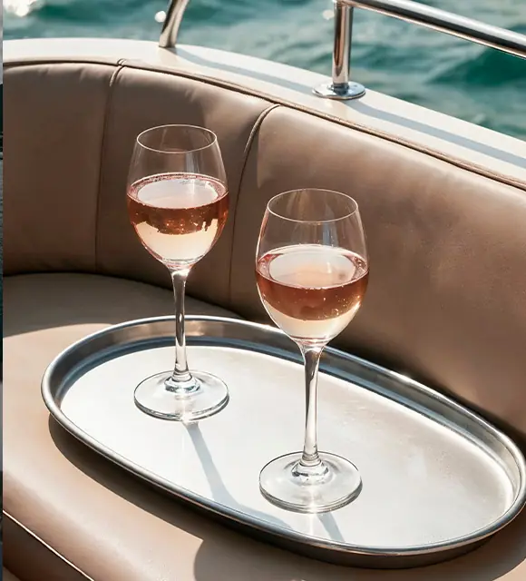 Two glasses of rosé on a silver tray on a yacht’s upholstery