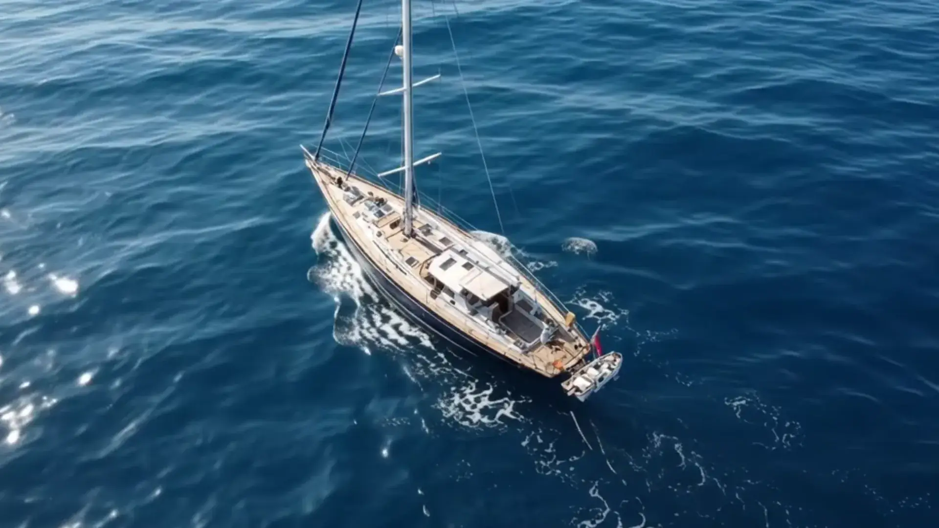 Sailboat cruising in open water, seen from above