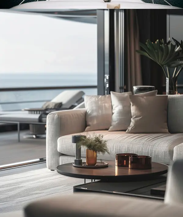 Yacht salon with sofas and a coffee table